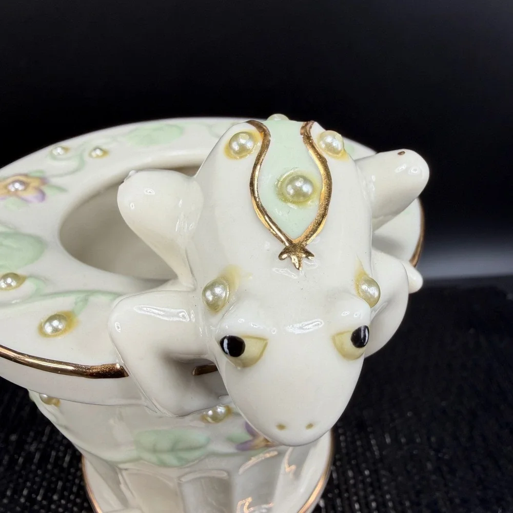Lenox Porcelain Frog Planter Ivory Gold Trim Faux Pearl Floral Garden Decor READ